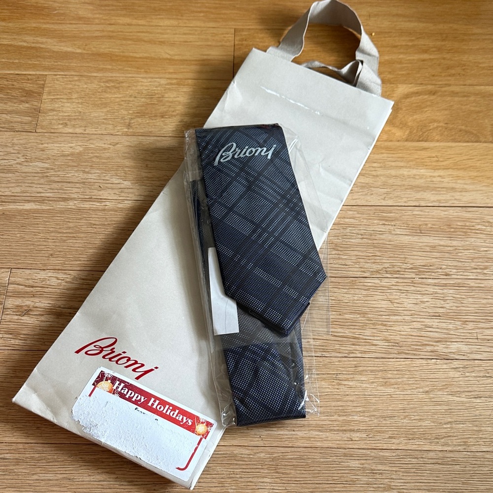 Brioni Black and Navy Plaid Silk Tie